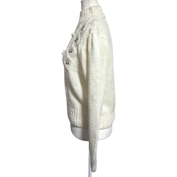 Vintage Paris Sport Club White Cable Knit Sweater With Floral Embroidery & Mock - Picture 6 of 8